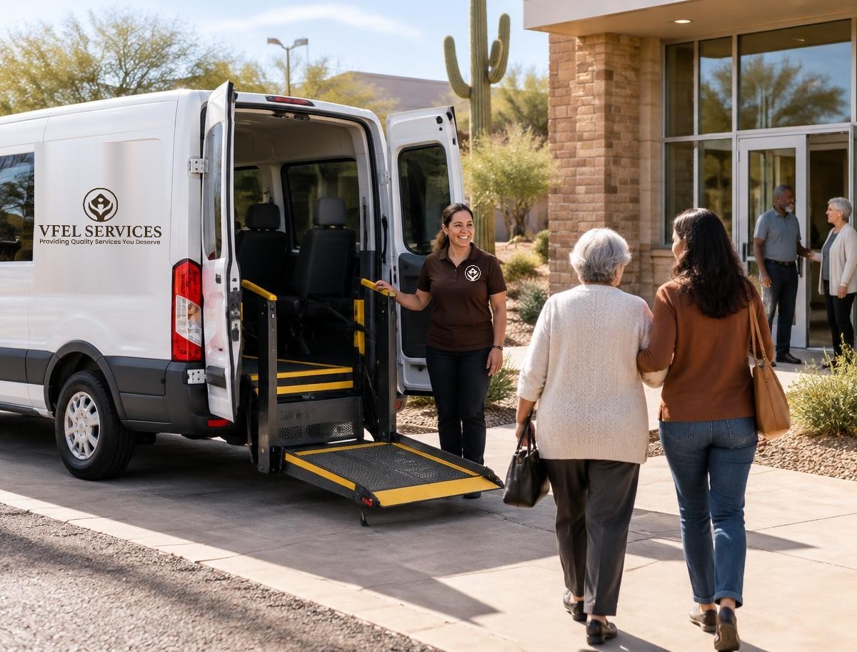 Illustration of passengers and staff beside a VFEL-branded accessible van