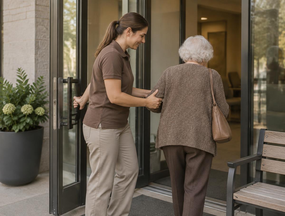 Illustration of a caregiver accompanying a passenger to transportation