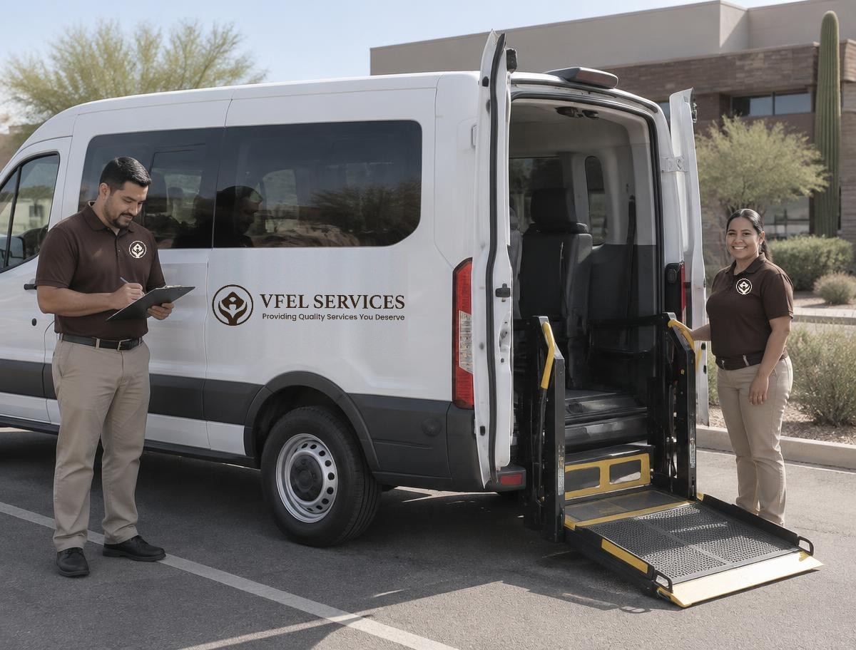 Illustration of transportation staff beside a VFEL-branded accessible van