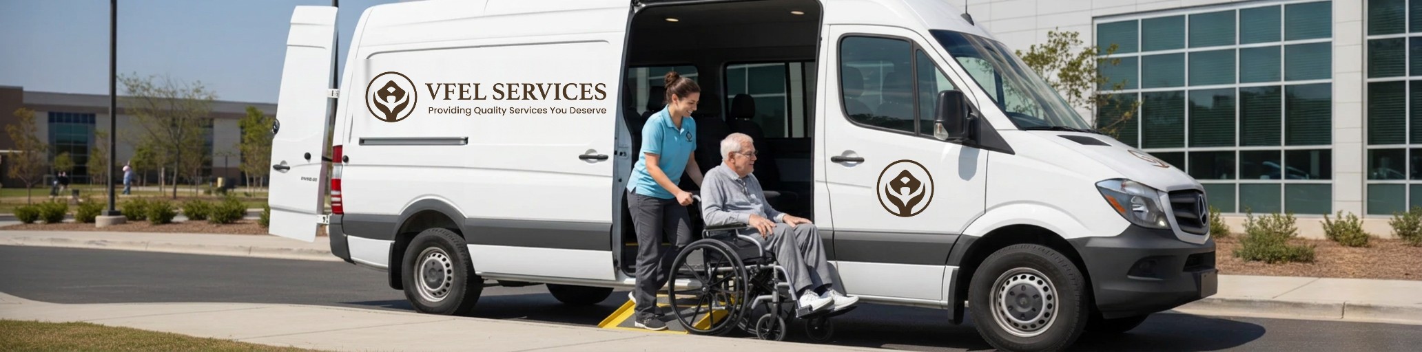 Illustration of a VFEL-branded accessible van and a team member assisting a wheelchair passenger